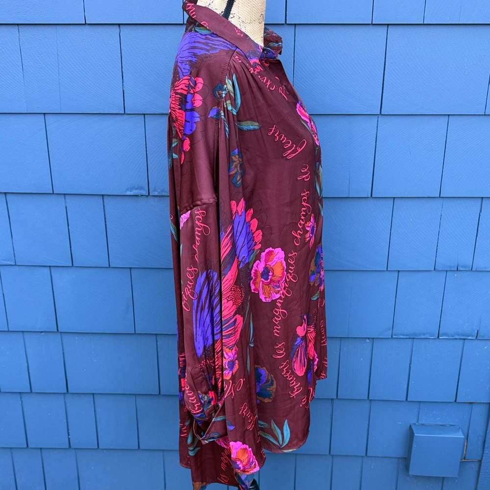 Free People Burgundy Floral Button-Down Shirt oversized - Picture 4 of 10